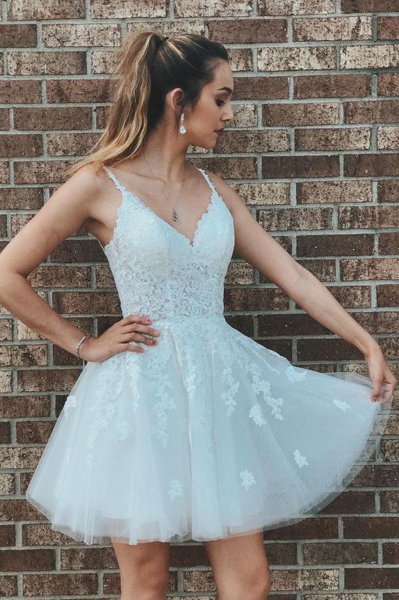 Elegant Straps Tulle White Short With Homecoming Dresses Madalynn Lace HC24596