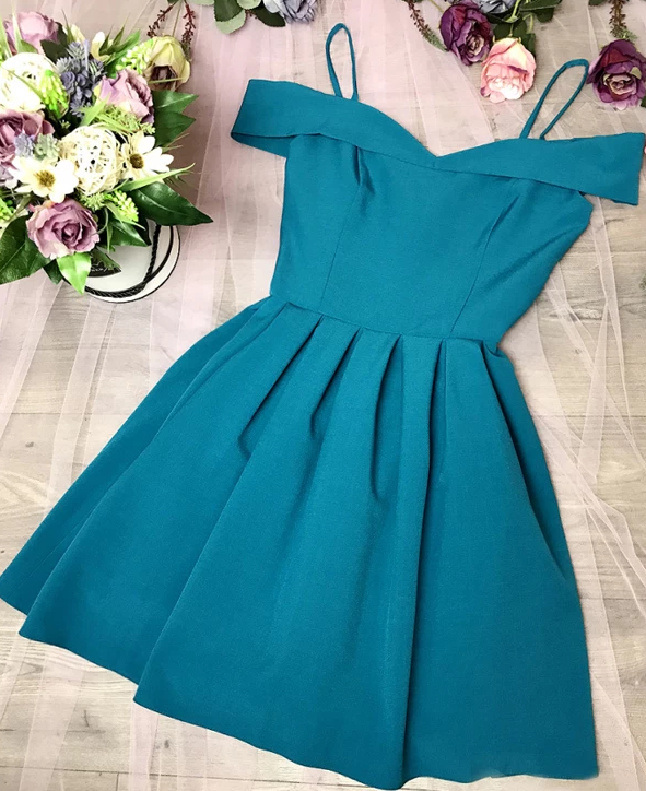 Turquoise Off Shoulder Spaghetti Satin Homecoming Dresses Barbara Strap HC2510
