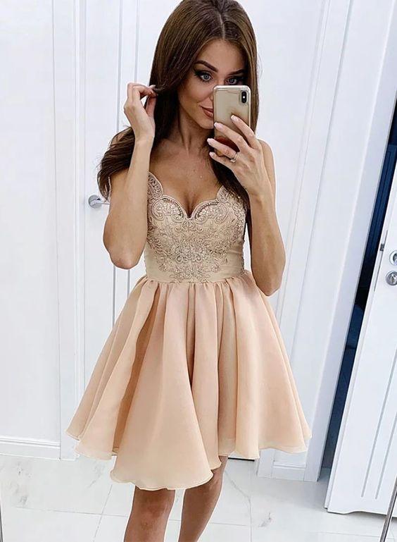 Champagne V Lace Aubrie Homecoming Dresses Neck Short Dress HC2583