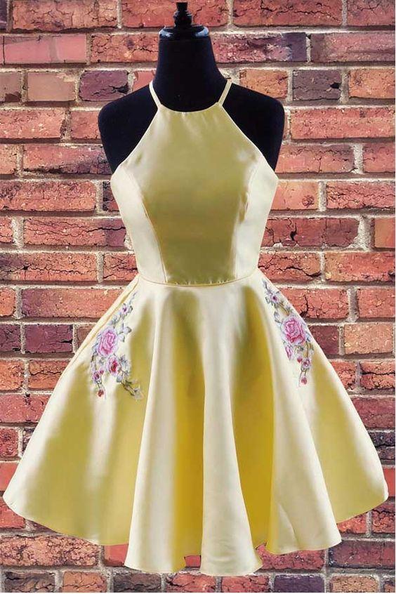 Halter Embroidered Yellow With Azul Homecoming Dresses Satin Pockets HC2788