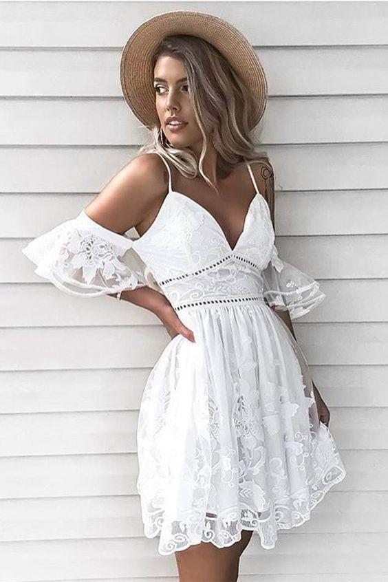 A-Line Spaghetti Lace Homecoming Dresses Rayna Straps Short White HC2853