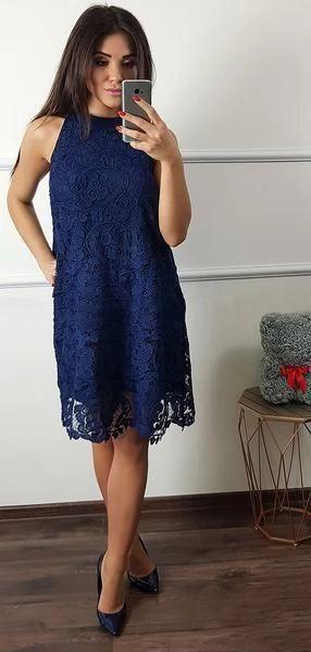 Lace Sanai Homecoming Dresses Navy Blue Halter Sheath Knee Length HC3061