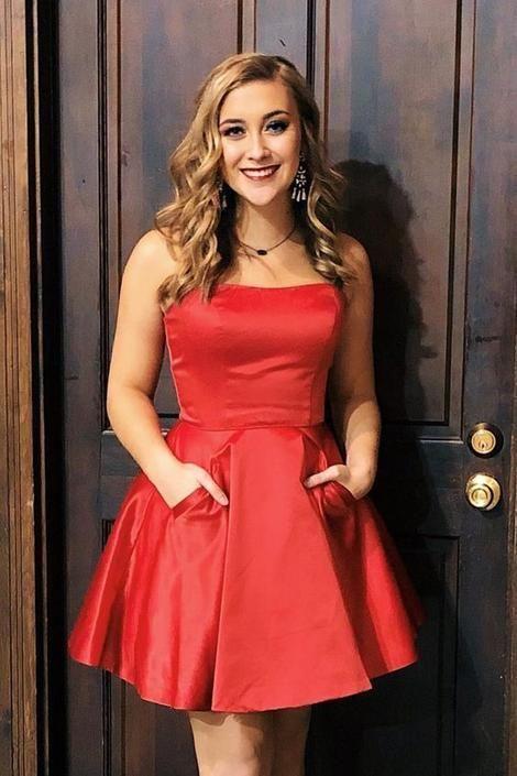 Cute A-Line Strapless Red Aubrey Homecoming Dresses Short HC3468