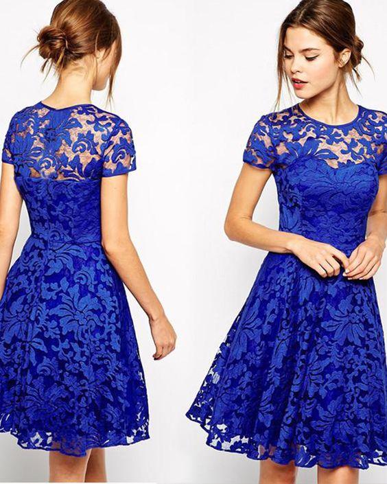 A-Line Short Dress Lace Royal Blue Jeanie Homecoming Dresses HC3726