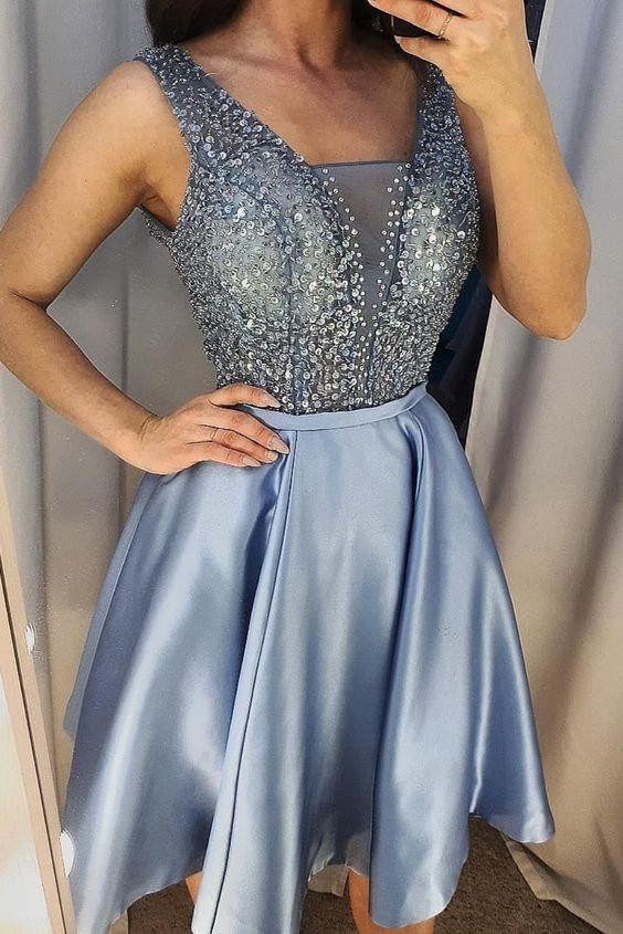 Short Homecoming Dresses Jayden Blue With Blue Sequins Top HC3823