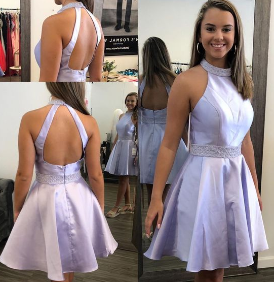 Jewel Lilac Short Cassidy A Line Homecoming Dresses With Beading Pockets HC4321