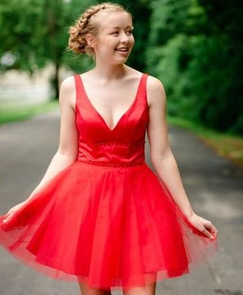 Simple V Neck Straps Dalia Homecoming Dresses Red HC4522