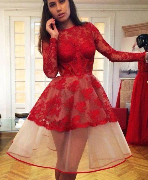 Lace Cocktail Homecoming Dresses Danielle New Red Long Sleeves Dresses HC4733