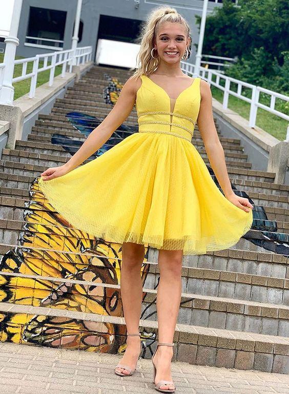 Yellow V Neck Tulle Short Cocktail Homecoming Dresses Rayna Dress HC4803