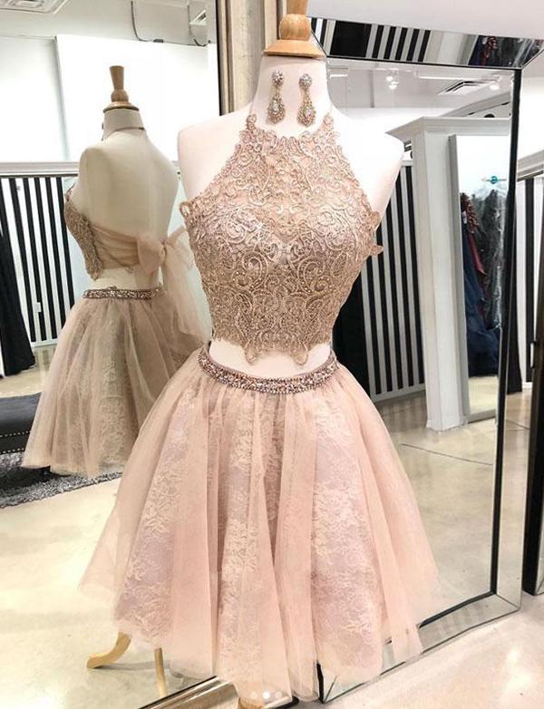 Lizeth Two Pieces Homecoming Dresses Halter Champagne Short With Appliques HC527