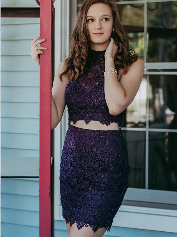 Two Piece Purple Homecoming Dresses Lace Heidi Beaded Tight HC661