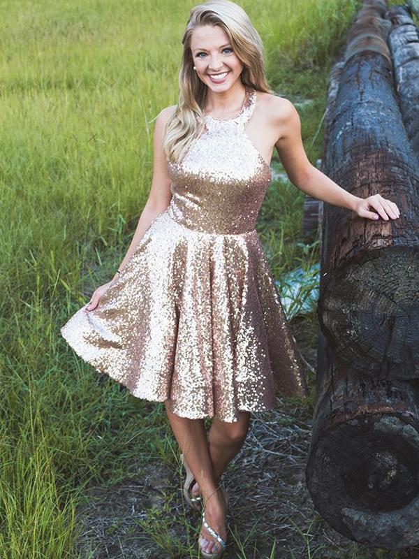 Amira Homecoming Dresses Shiny Gold Sequin Halter Simple HC761