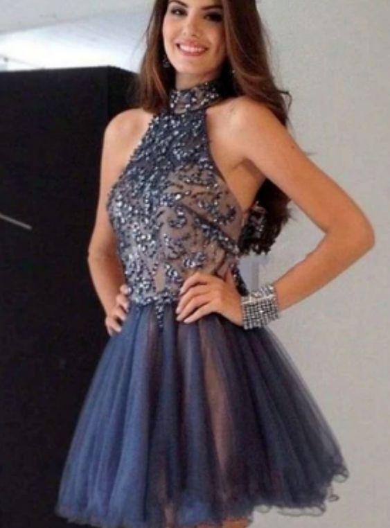Sexy A-Line Halter Sleeveless Homecoming Dresses Pancy Short With Beading HC8348