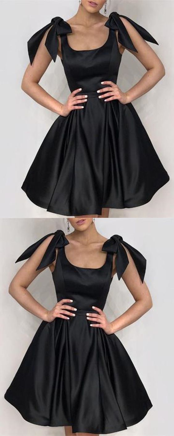 Elegant Black Satin Aliya Homecoming Dresses Bow Shoulders Ruffles HC874