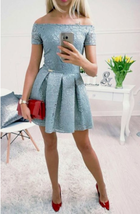 Dusty Blue Off Homecoming Dresses Lace Marie Shoulder HC952