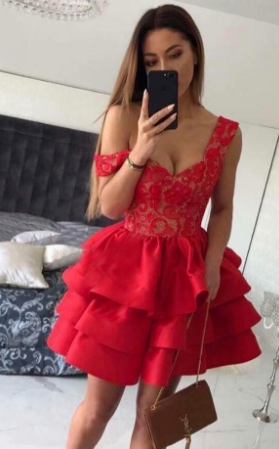 Red Miley Lace Homecoming Dresses V-Neck Straps Short HC960