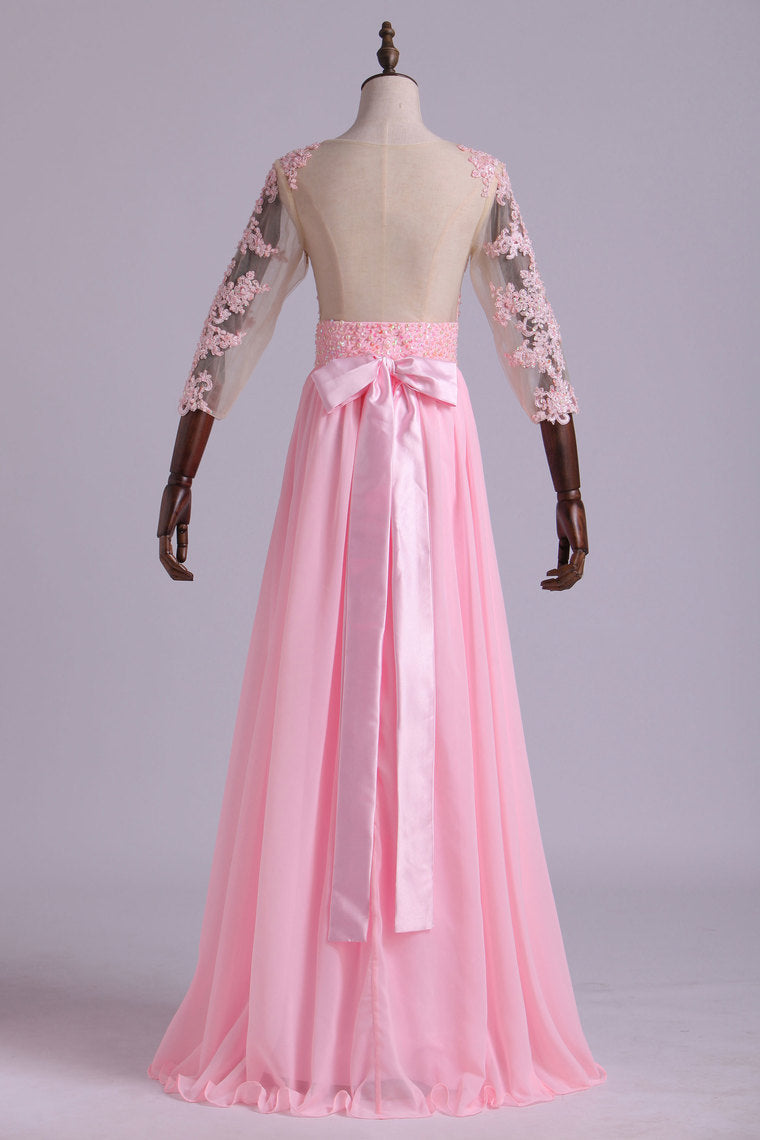 2024 Mid-Length Sleeve A-Line Scoop Chiffon Prom Dresses Floor-Length With Applique & Bow-Knot