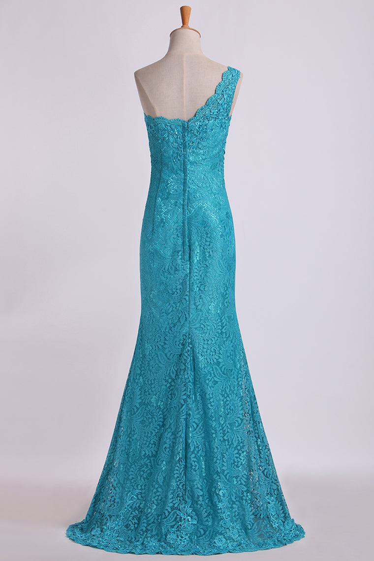 2024 One-Shoulder Sheath Prom Dresses Beaded Lace Floor-Length Zipper Back