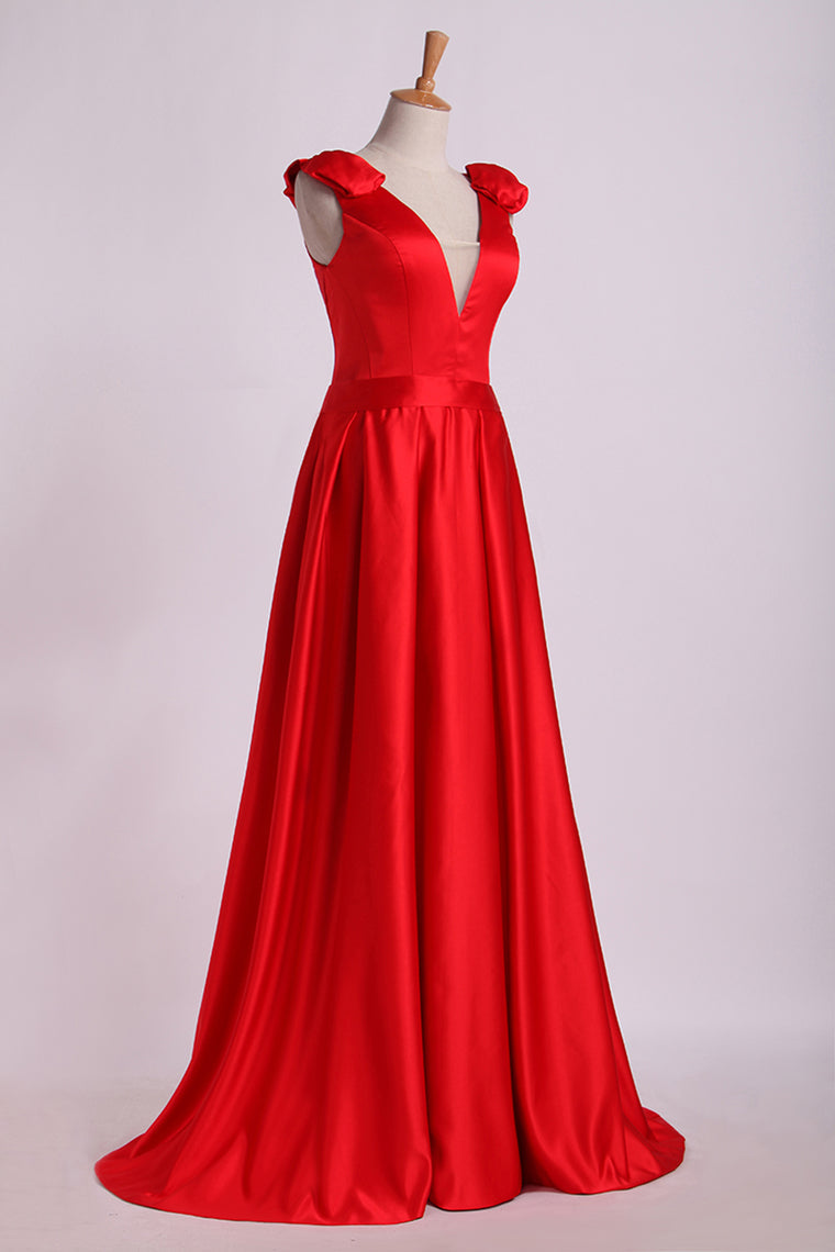 2024 Evening Dress V-Neck Bubble Shoulder A-Line Satin Floor-Length