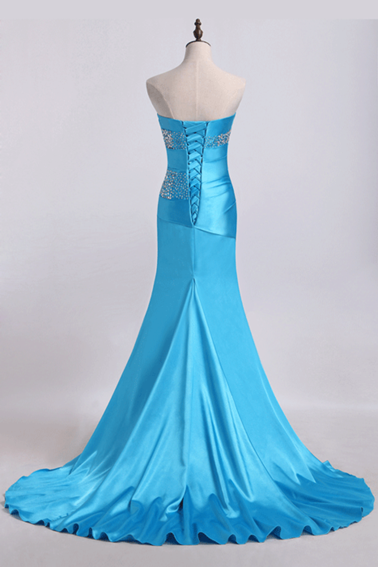 2024 Mermaid Strapless Elastic Satin With Beadings Prom Dresses Sweep/Brush Train