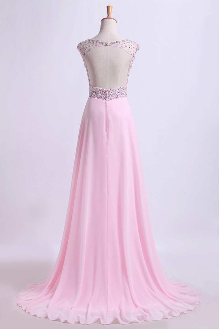 2023 Scoop Neckline Beaded Bodice A Line Open Back With Chiffon Skirt Sweep Train