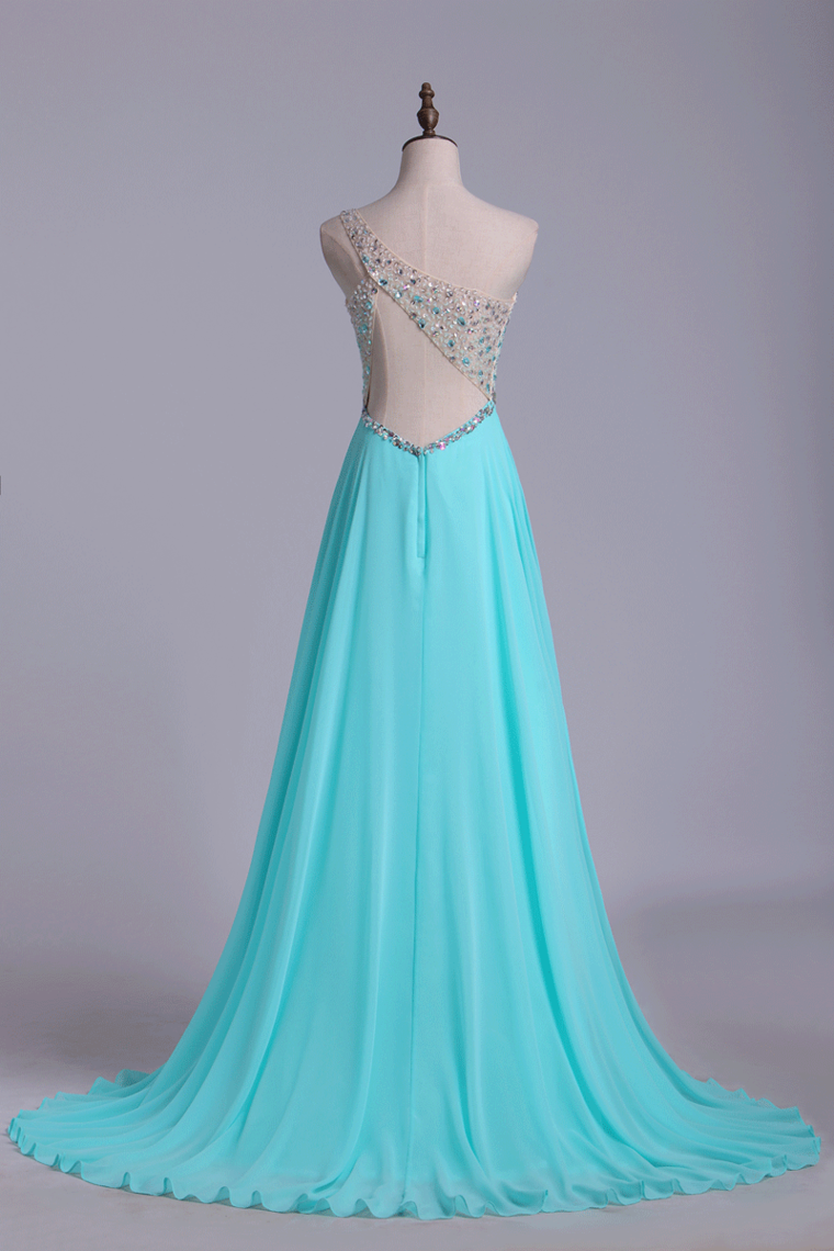 2023 Prom Dresses A Line One Shoulder Tulle & Chiffon Sweep Train With Beading