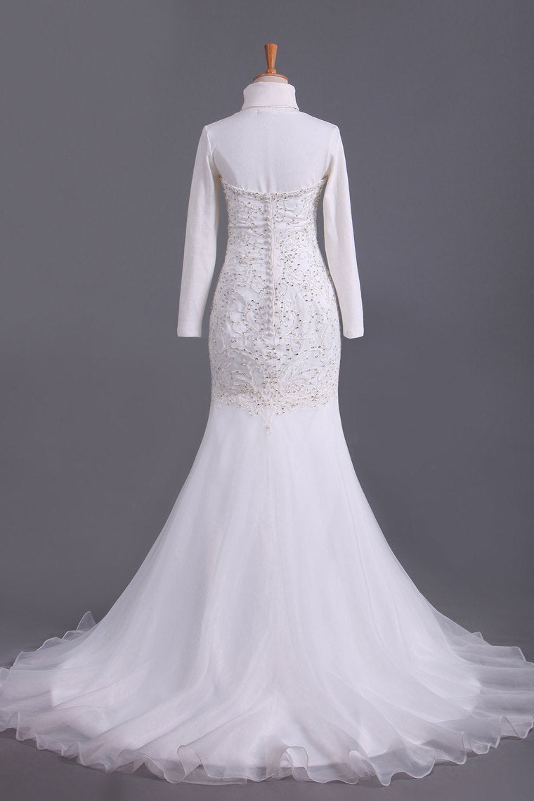 2023 Sweetheart Beaded Bodice Sheath/Column Wedding Dress With Organza Skirt