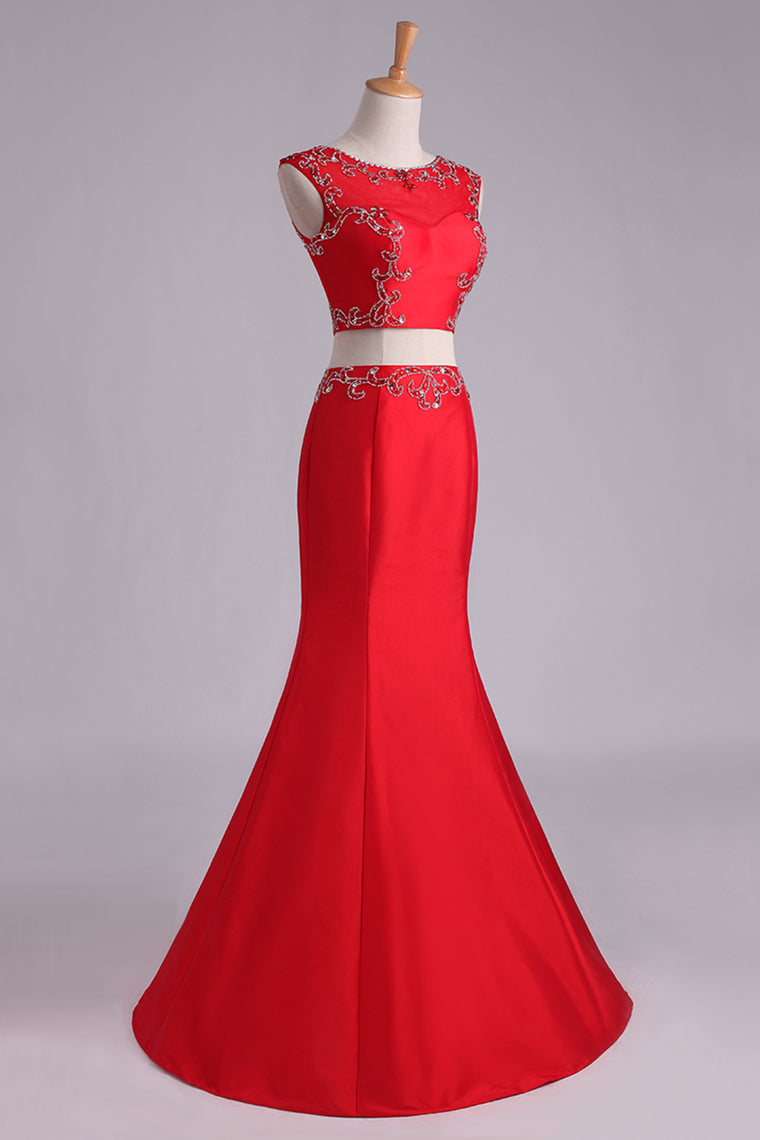 2024 Prom Dresses Two Pieces Bateau Mermaid/Trumpet Beaded Floor-Length Tulle And Taffeta