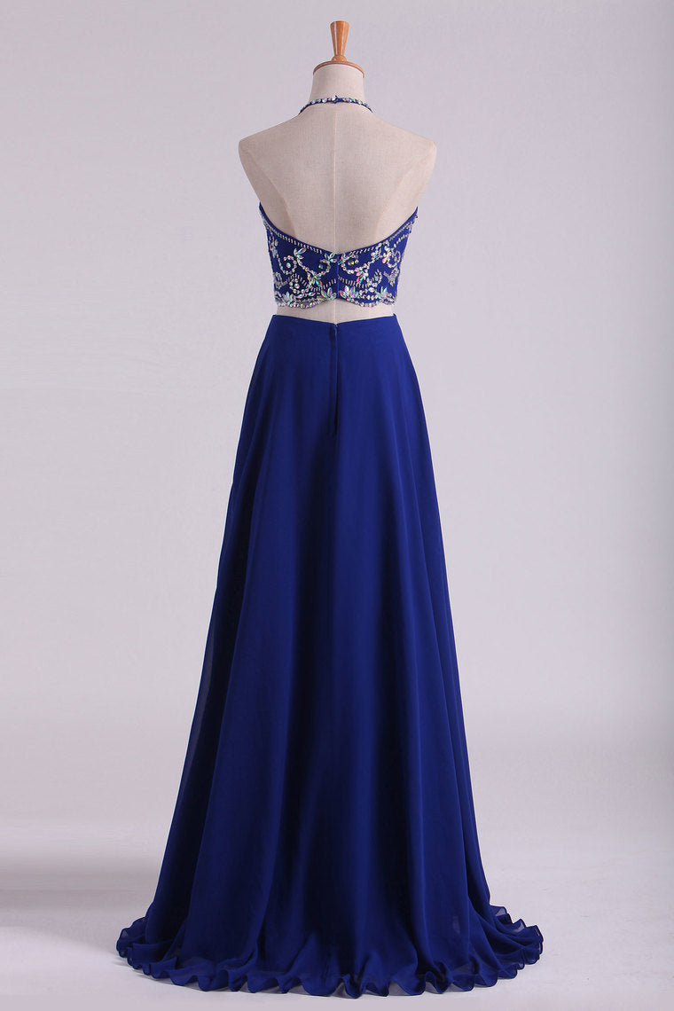 2023 Bateau Two Pieces Prom Dresses Dark Royal Blue A Line Beaded Bodice Open Back Floor Length Chiffon & Tulle