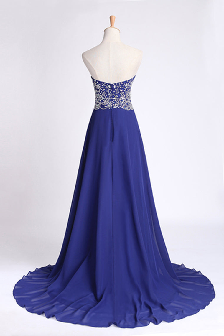 2024 Dark Royal Blue Prom Dress Sweetheart Beaded Bodice A Line Chiffon