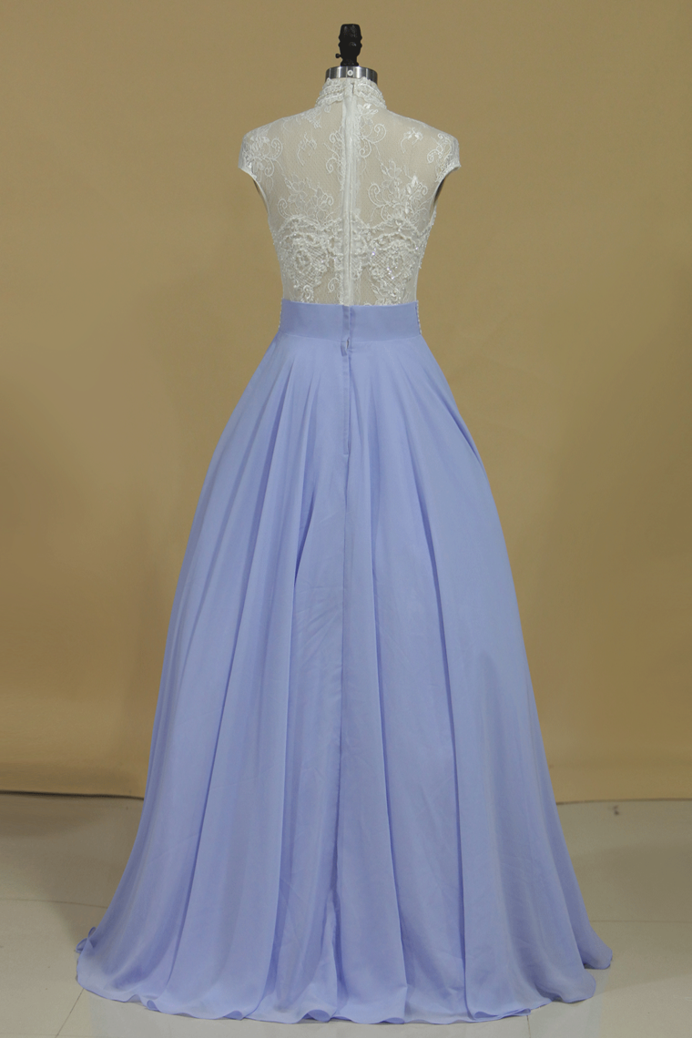 2023 High Neck A Line Prom Dresses Chiffon With Applique And Beading Floor Length