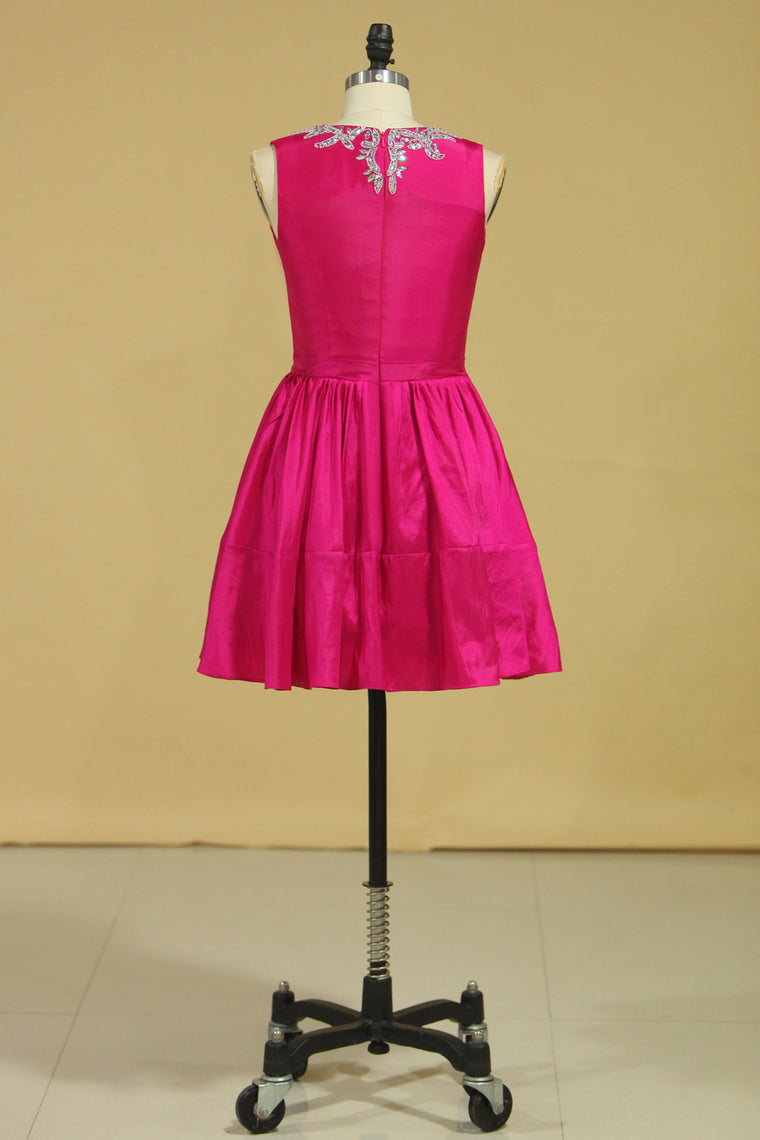 2023 Scoop A Line Short Homecoming Dresses Taffeta Beaded With Ribbon Fuchsia